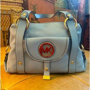 MICHAEL KORS LARGE LIGHT BLUE LEATHER SATCHEL SILVER HARDWARE
